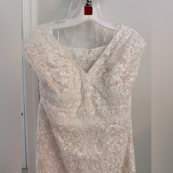 Oleg Cassini CWG807 cap sleeve plunging V neck. Ivory rose gold w/chapel train. - Picture 5 of 14